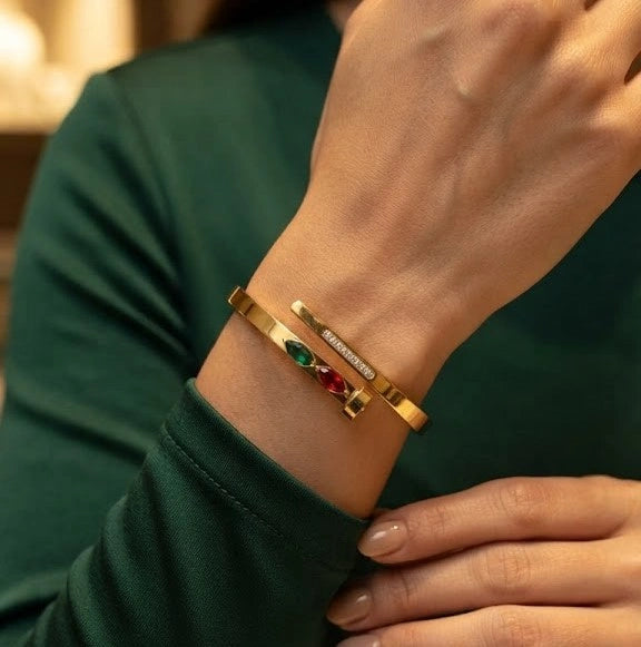 Korean Nail Cuff Bracelet with Gemstones - Anti Tarnish Gold Plated