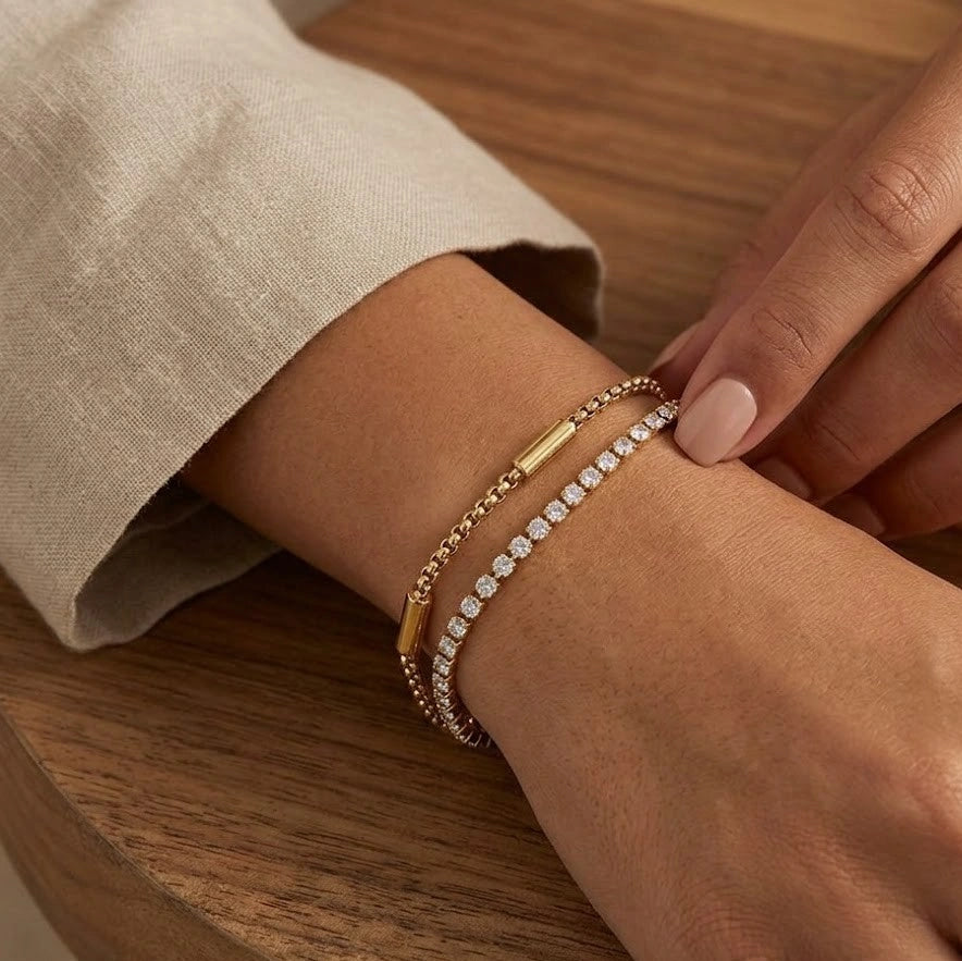 Double Layered CZ Tennis & Bar Chain Bracelet - Anti-Tarnish Gold Plated