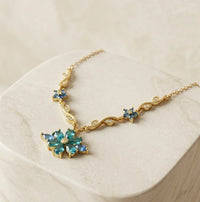 Blue Floral Vine Pendant Necklace - Anti-Tarnish Gold Plated-Tulip
