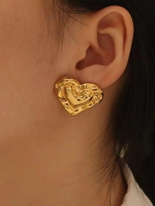 Chunky Molten Heart Earrings | Anti-Tarnish Gold Plated Statement Studs