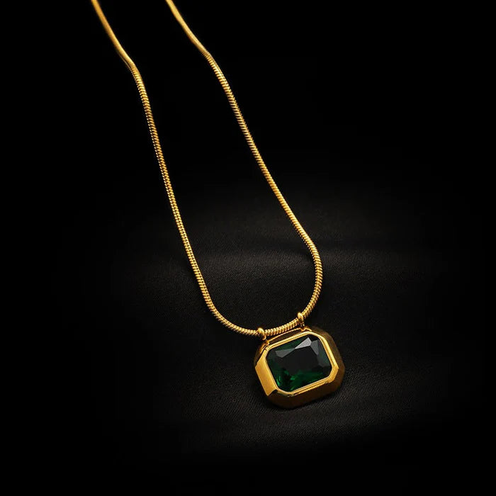 Emerald Green Stone Pendant Necklace - Anti-Tarnish Gold Plated Snake Chain