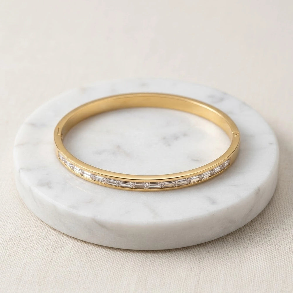 Baguette Crystal Anti-Tarnish Gold Plated Bangle Bracelet