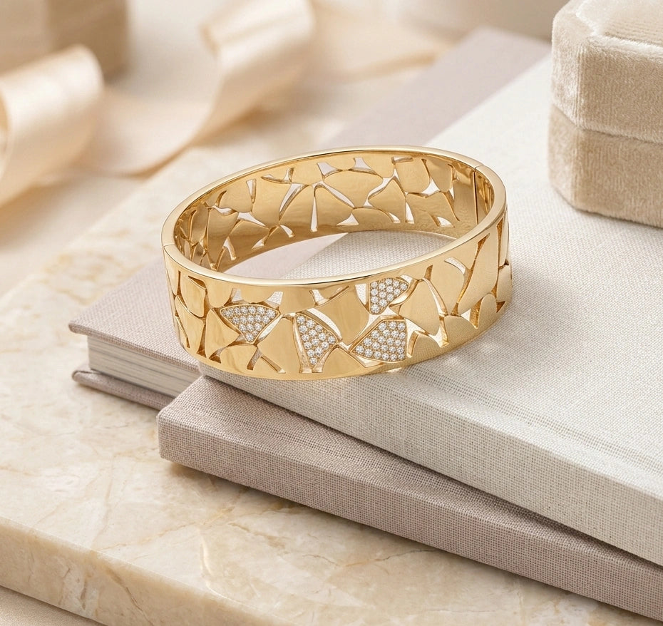 Geometric AD Studded Gold Plated Bangle - Anti Tarnish
