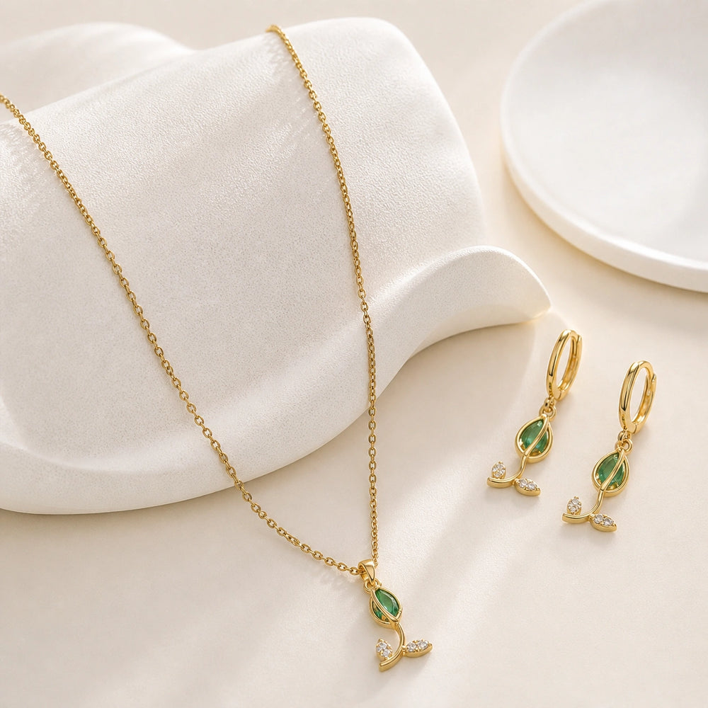 Green Teardrop Necklace & Earring Set - Anti Tarnish Gold Plated-Tulip
