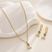 Green Teardrop Necklace & Earring Set - Anti Tarnish Gold Plated-Tulip