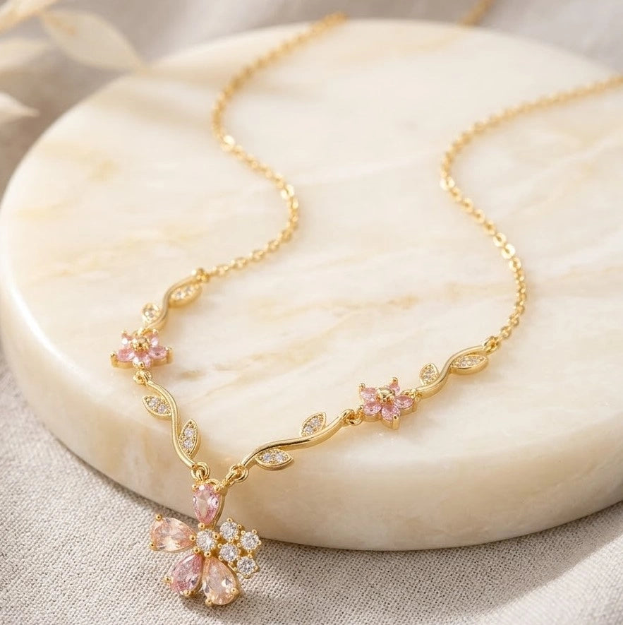 Pink Floral Vine Necklace - Anti Tarnish Gold Plated Jewelry-Tulip
