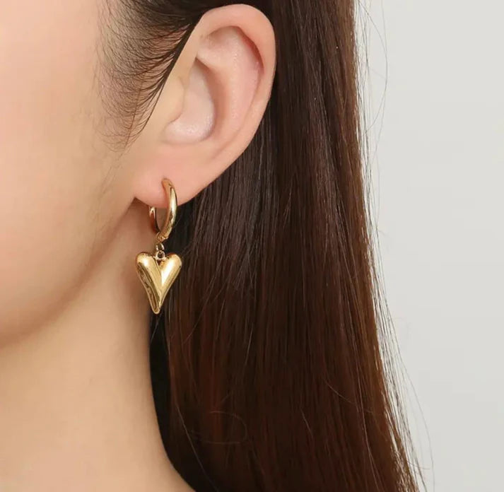 Puffy Heart Drop Hoop Earrings - Anti Tarnish Gold Plated