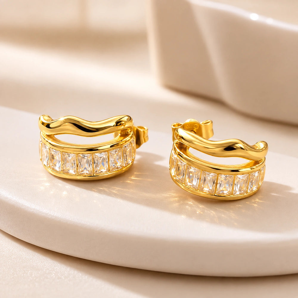 Wavy Baguette Crystal C-Hoop Earrings | Anti Tarnish Gold Plated