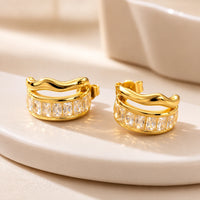 Wavy Baguette Crystal C-Hoop Earrings | Anti Tarnish Gold Plated