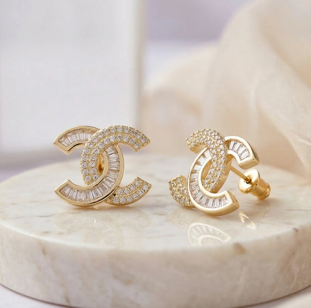 Double C Interlocking Pave Stud Earrings - Premium Gold Crystal Fashion Jewelry