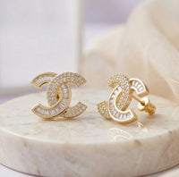 Double C Interlocking Pave Stud Earrings - Premium Gold Crystal Fashion Jewelry