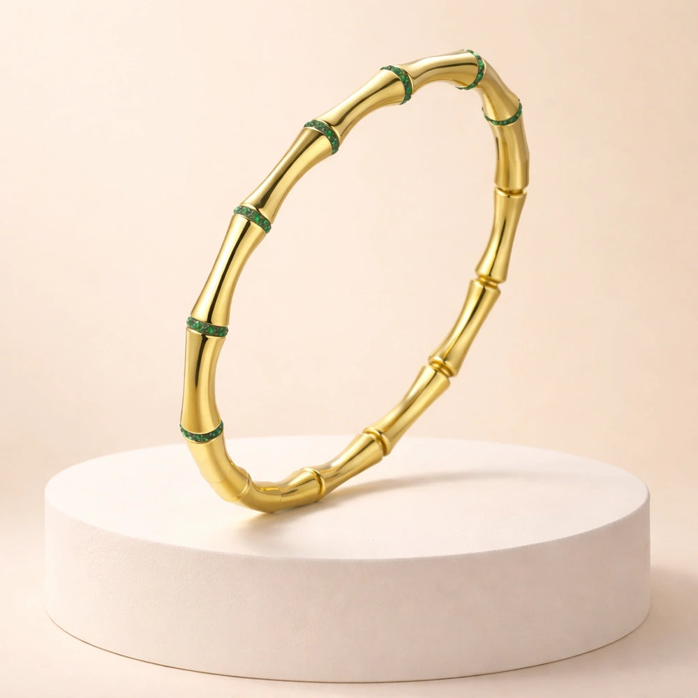 Bamboo Design Anti-Tarnish Gold Plated Bracelet for Women | Emerald Green Stone Inlay Bangle