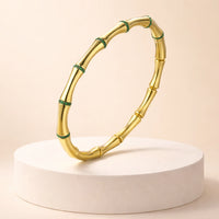 Bamboo Design Anti-Tarnish Gold Plated Bracelet for Women | Emerald Green Stone Inlay Bangle