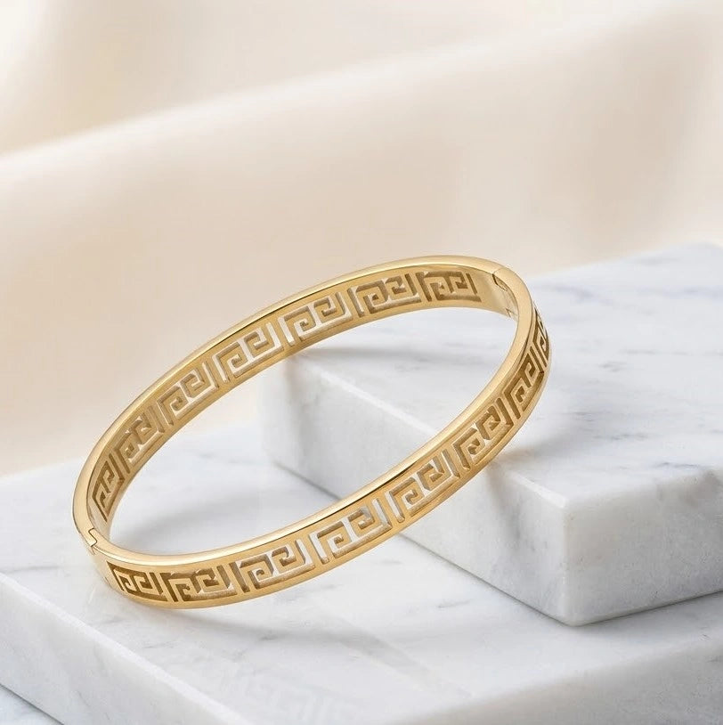 Greek Key Geometric Bangle - Anti-Tarnish Gold Plated Bracelet