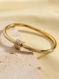 Pave Knot Gold Plated Bangle - Anti-Tarnish Crystal Cuff Bracelet for Women