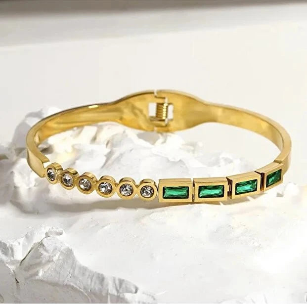 Emerald Green Baguette Gold Plated Anti-Tarnish Bangle Bracelet