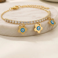 Triple Flower Evil Eye Charm Bracelet with Zirconia - Anti Tarnish