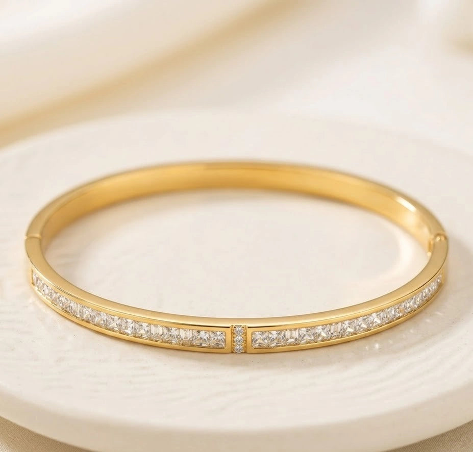 Princess Cut CZ Stone Bangle | Anti-Tarnish Gold-Plated Bracelet