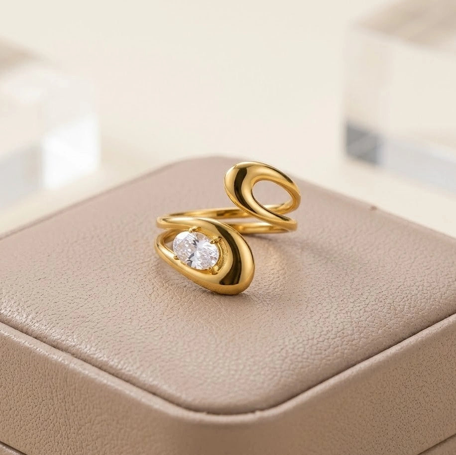 Abstract Sculptural Open Ring with Zirconia | Anti-Tarnish Fashion Jewelry