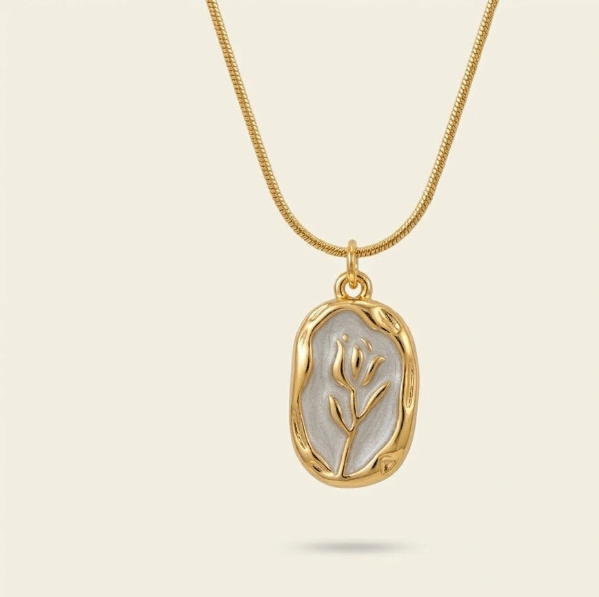 Floral Motif Enamel Pendant Necklace - Anti-Tarnish Gold-Plated Jewellery