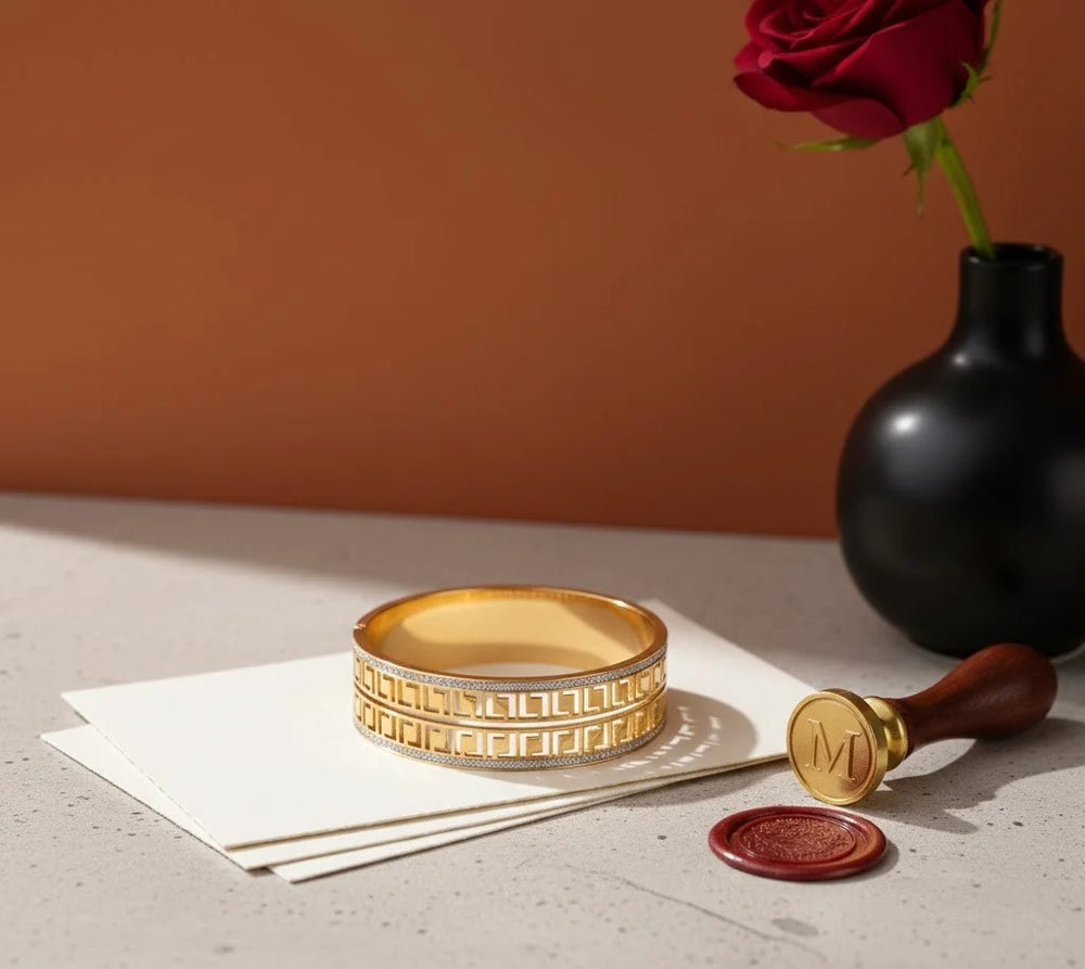 Greek Key Pattern Gold Plated Bangle - Anti-Tarnish Crystal Studded Geometric Cuff Bracelet