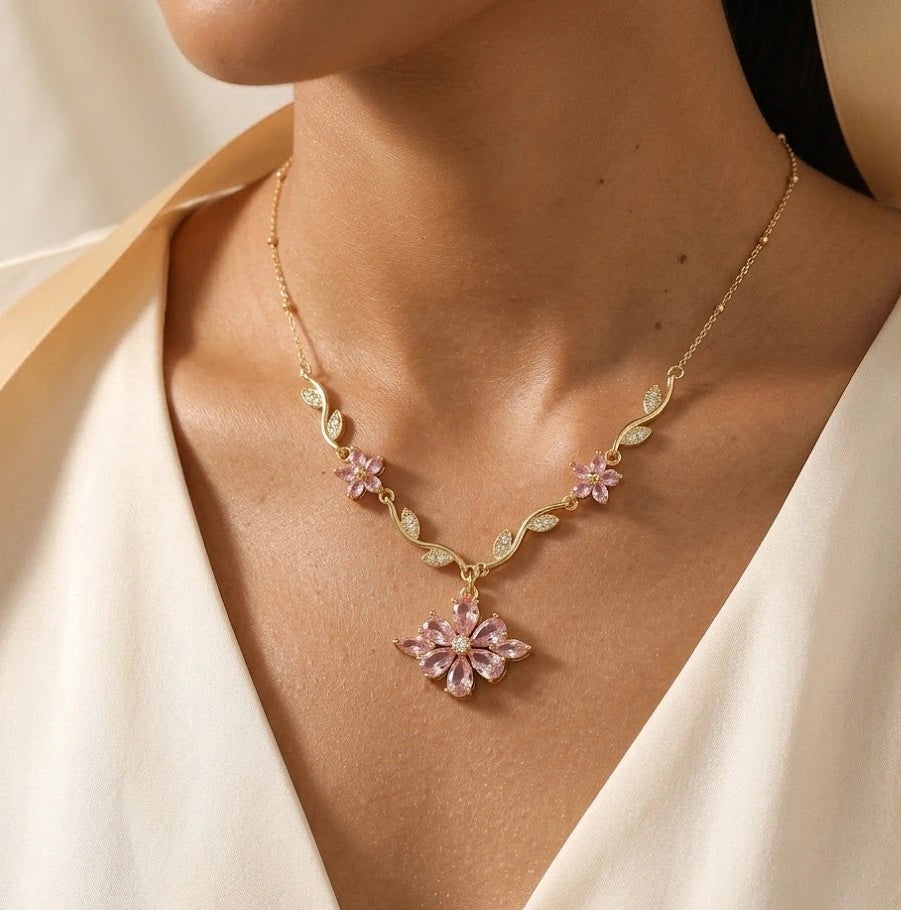 Pink Floral Vine Necklace | Anti-Tarnish Gold Plated Dainty Jewelry