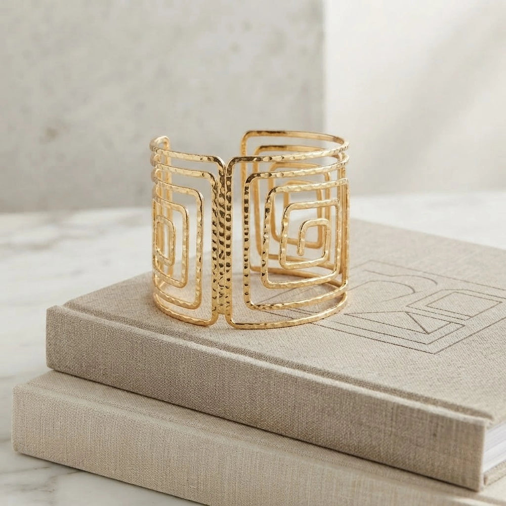 Geometric Statement Cuff Bracelet - Wide Textured Bangle