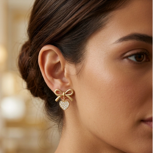 Woman Wearing Premium Gold Bow and Crystal Heart Drop Earrings
