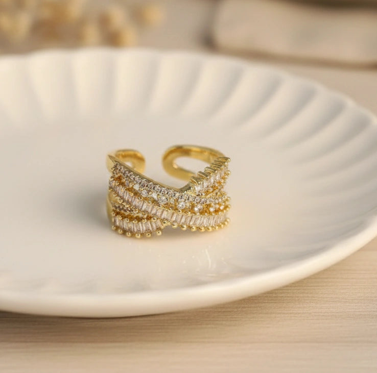 Gold Crystal Statement Open Ring - Premium Adjustable Fashion Jewelry