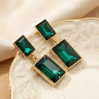 Emerald Green Rectangular Crystal Drop Earrings - Premium Gold Finish