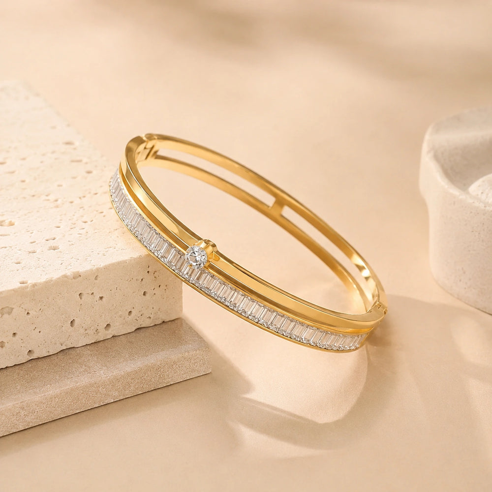 Baguette Crystal Gold Plated Bangle | Anti-Tarnish Minimalist Bracelet