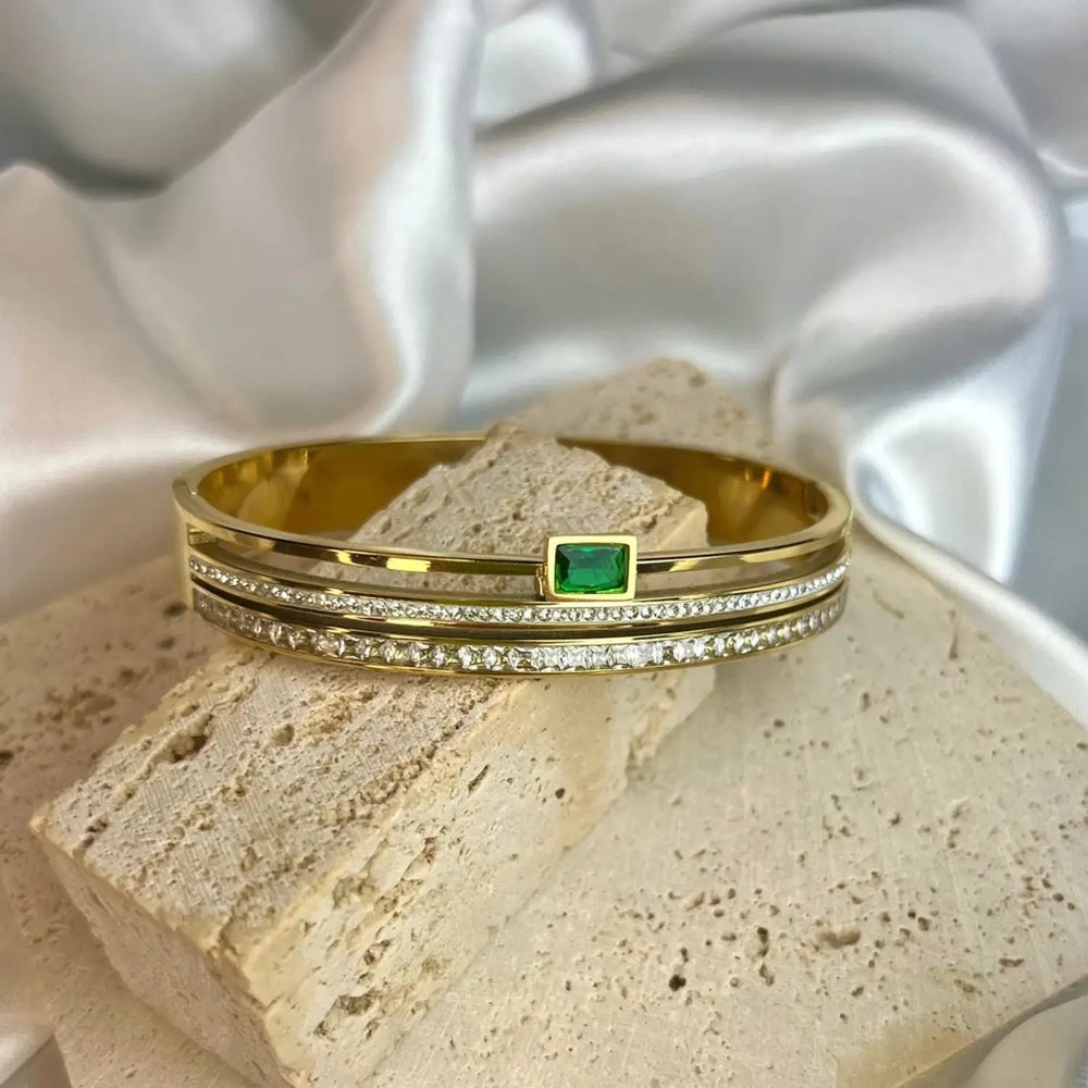 Emerald Green Charm & Minimalist Bangle Bracelet Stack | Anti-Tarnish Gold Plated