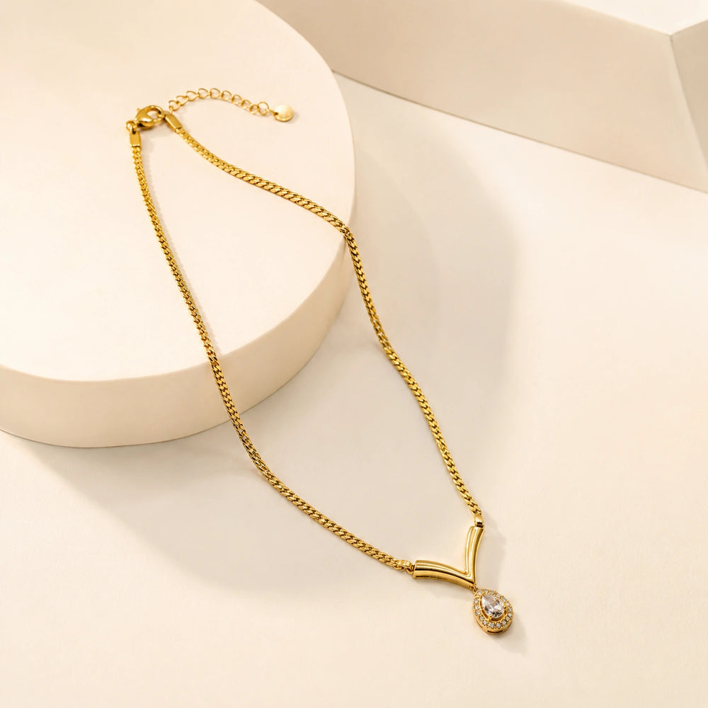 V-Shape Teardrop Crystal Pendant - Anti-Tarnish Gold-Plated Necklace