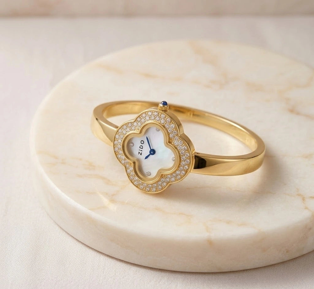 Premium Clover Anti-Tarnish Gold Plated Bangle Watch for Women