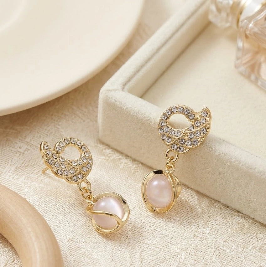Pearl Drop Dangle Earrings with Crystal Swirl | High-Quality Gold Plated