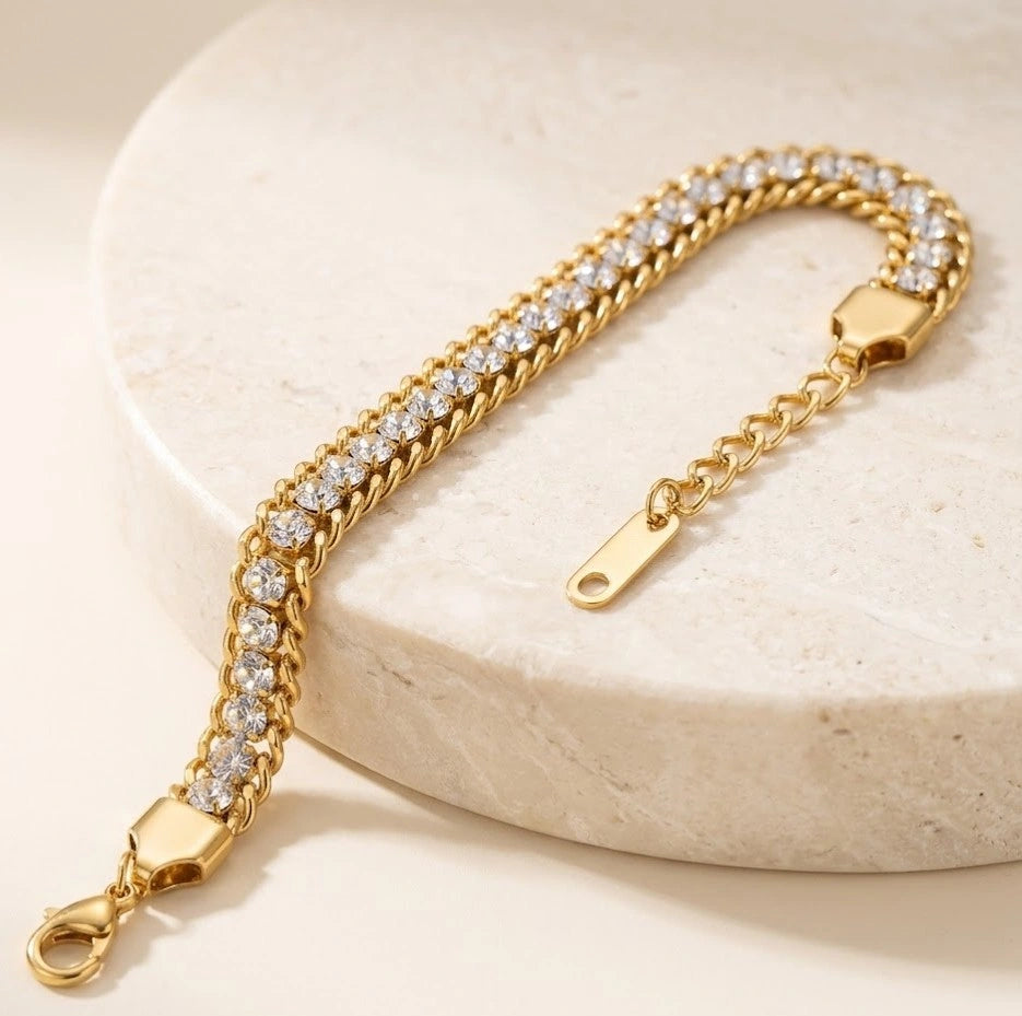 Crystal Dual Curb Chain Bracelet - Anti Tarnish Gold Plated Fashion Jewelry