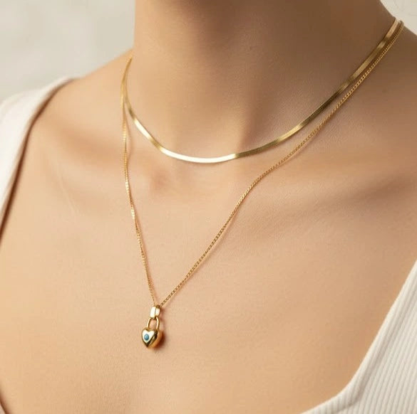 Layered Heart Lock Pendant Necklace | Anti-Tarnish Gold Plated