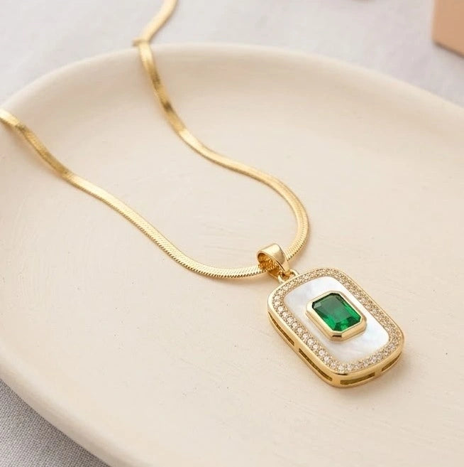 Emerald Green Rectangle Pendant Necklace - Anti Tarnish Gold Plated