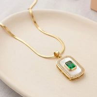 Emerald Green Rectangle Pendant Necklace - Anti Tarnish Gold Plated