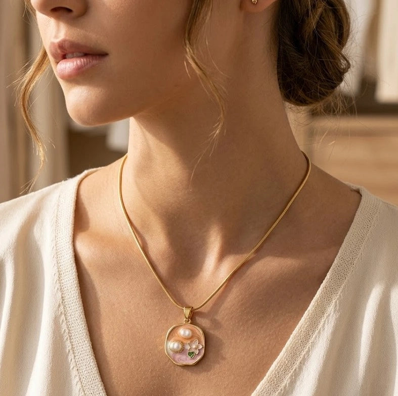 Floral Pearl Enamel Pendant Necklace - Anti-Tarnish Gold Plated