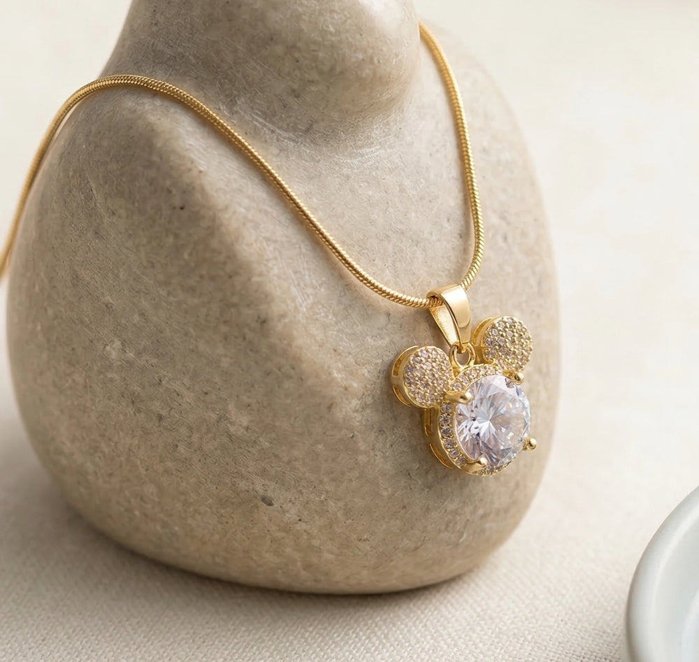 Mickey Inspired AD Stone Pendant | Anti-Tarnish Gold Plated Necklace for Women & Girls