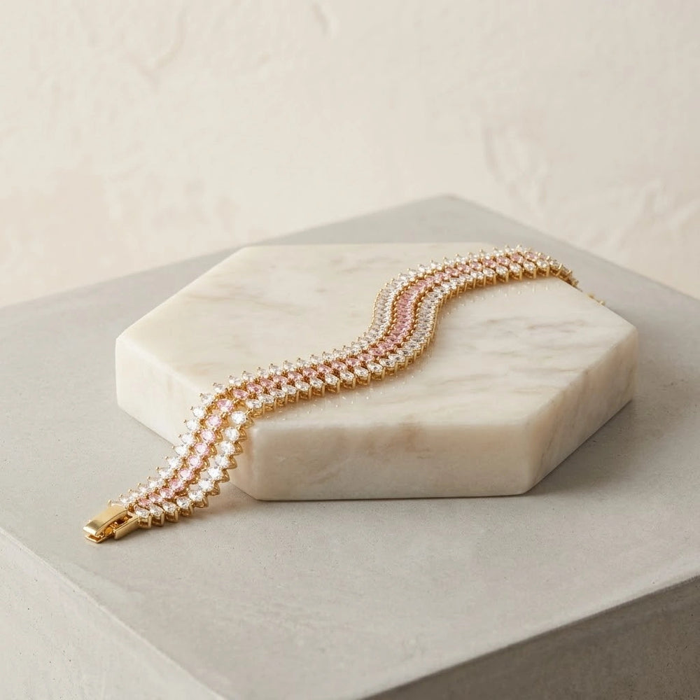 Anti-Tarnish Pink & White Stone Tennis Bracelet - Gold-Plated