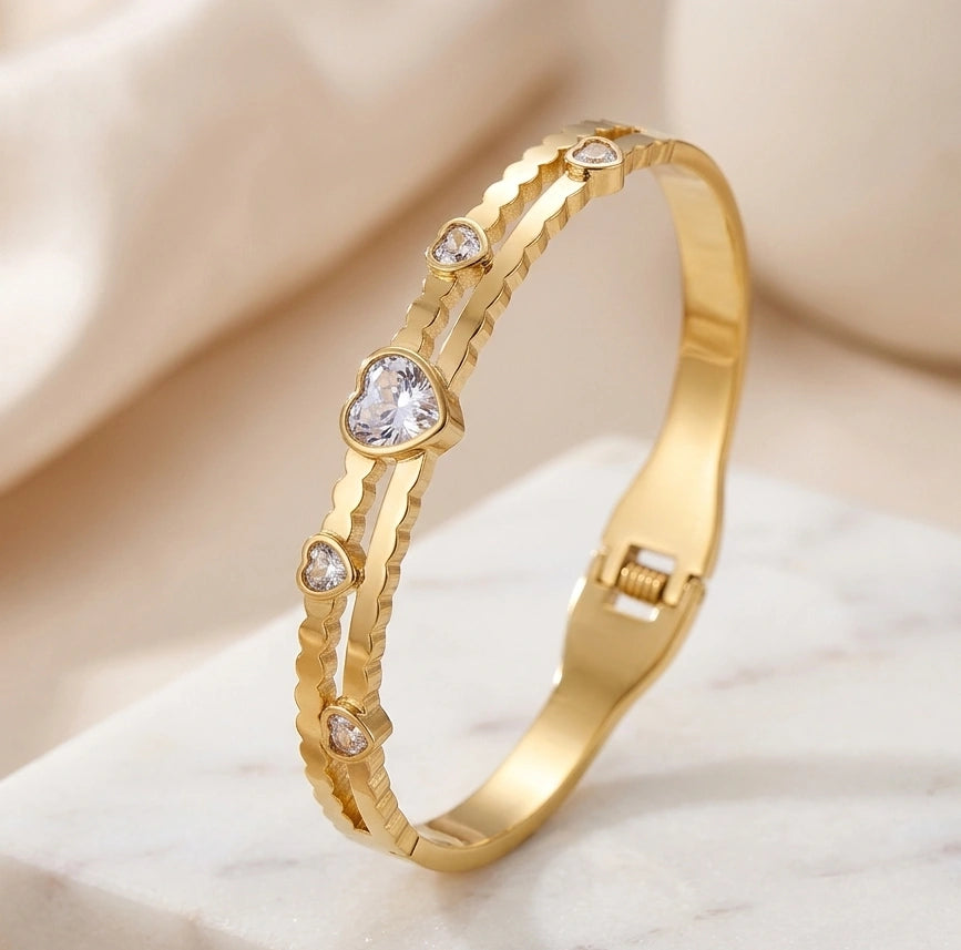 Crystal Heart Gold Bangle Bracelet for Women - Premium Designer Jew