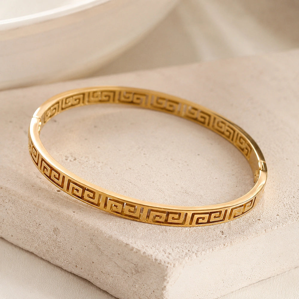 Greek Key Geometric Bangle - Anti-Tarnish Gold-Plated Bracelet
