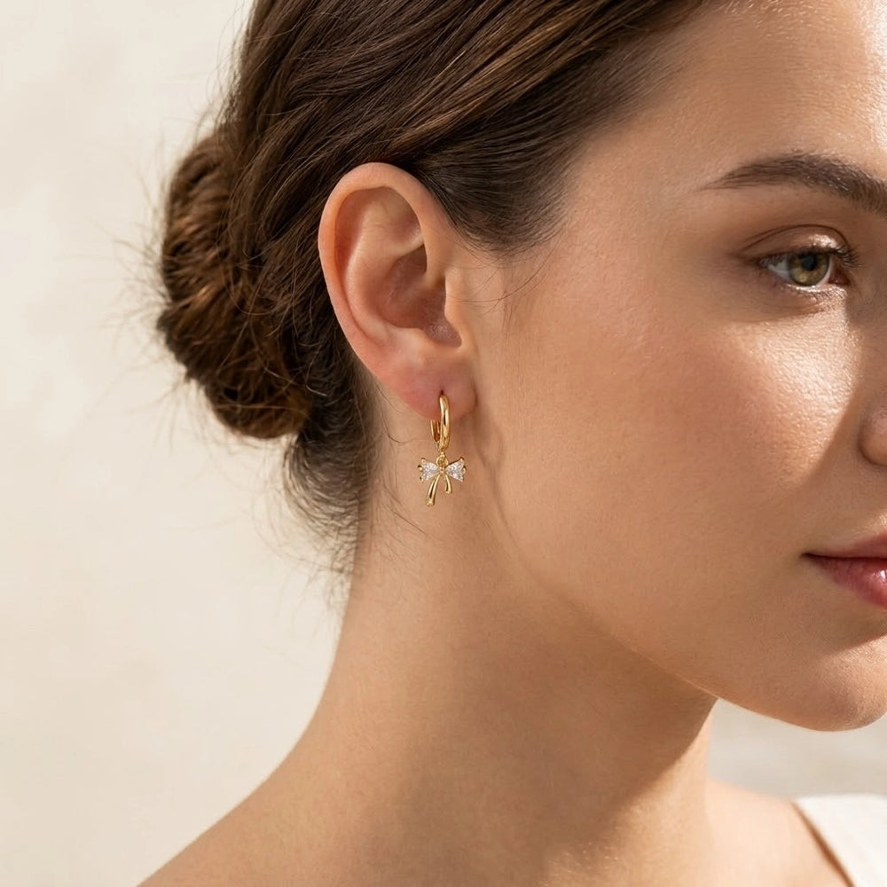 Coquette Crystal Bow Dangle Earrings - Anti Tarnish Gold Plated
