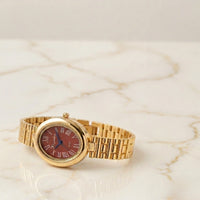 Vintage Maroon Dial Oval Watch | Anti-Tarnish Gold Plated Chain Watch
