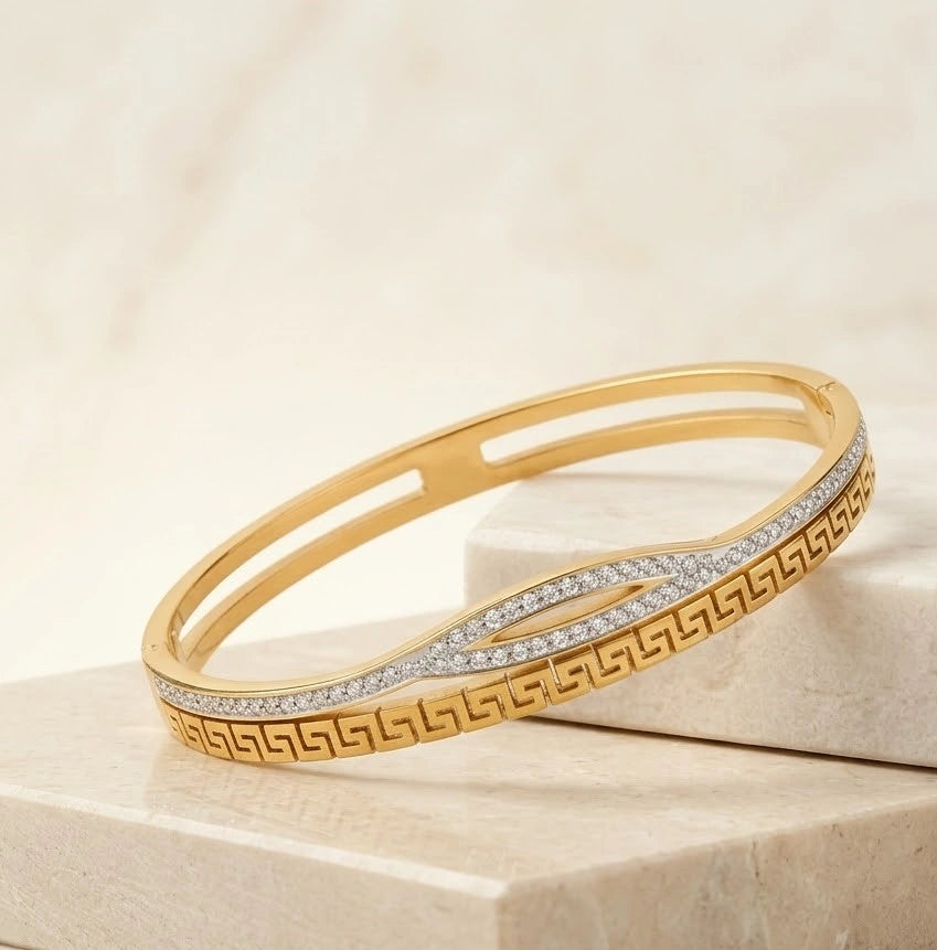 Greek Key Pattern Gold-Plated Bracelet | Anti-Tarnish Zircon Bangle