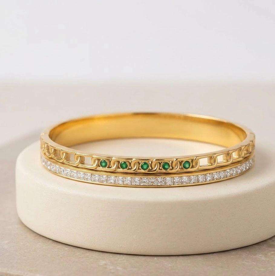 Emerald & CZ Dual Layer Gold Plated Bracelet | Anti Tarnish