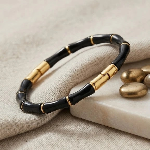 Minimalist Black Bamboo Bracelet - Anti Tarnish Gold Plated Accessory