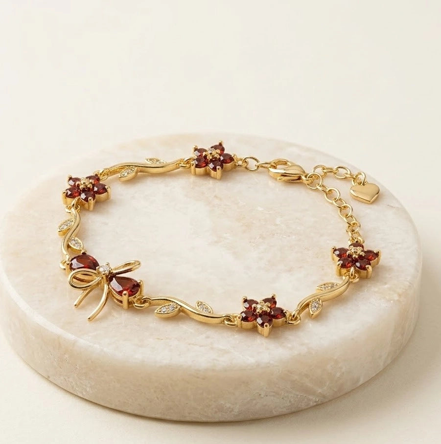 Orange Stone Bow & Floral Bracelet - Anti Tarnish Gold Plated-Tulip
